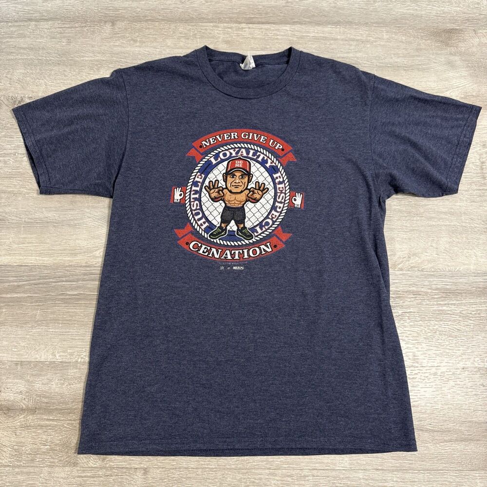 John Cena Shirt Men’s Medium Blue WWE Never Give Up Hustle Loyalty Cenation